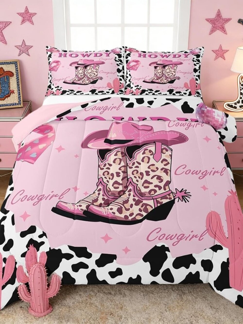 Pink Cowgirl Bedding Set Twin Size Milk Cow Print Comforter Set for Girls Room